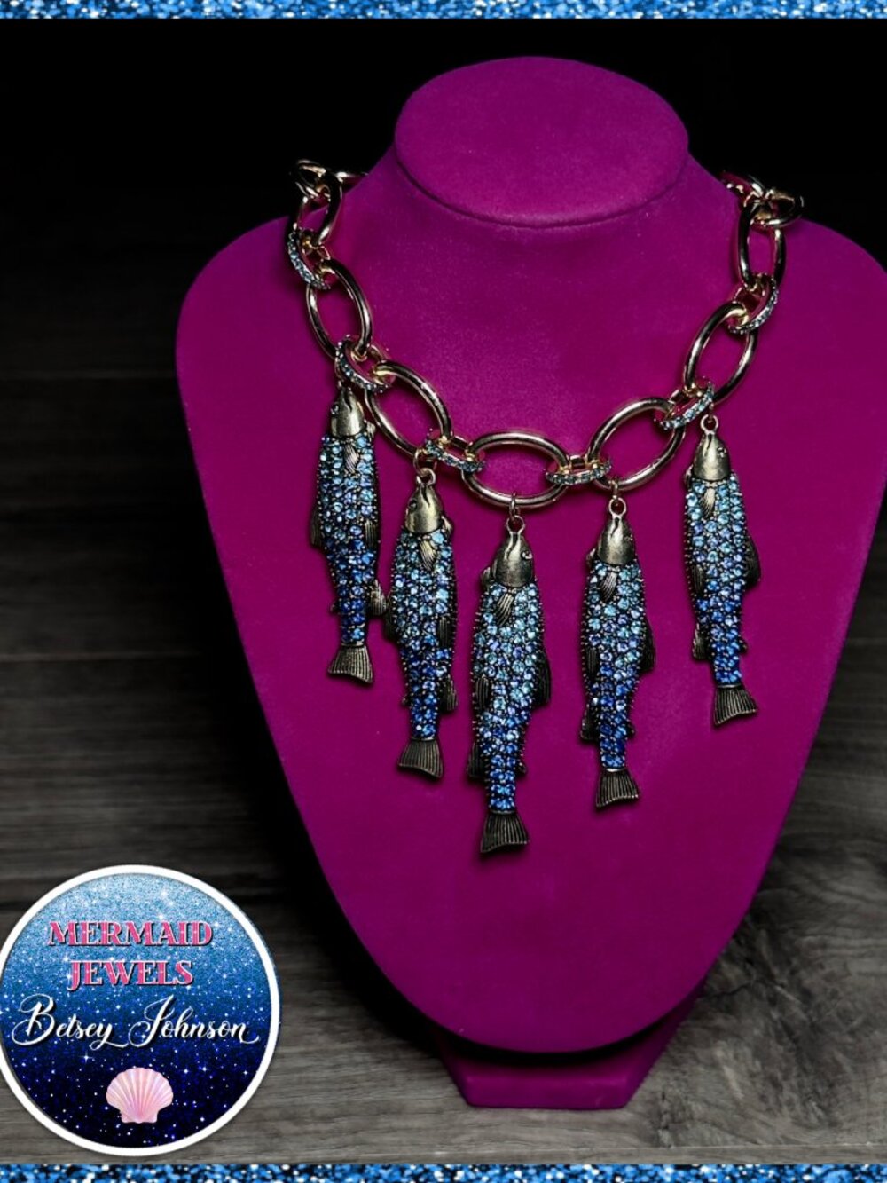 Betsey Johnson Crystal Rhinestone Fish Sardine Necklace Heavy Chain Gold Tone